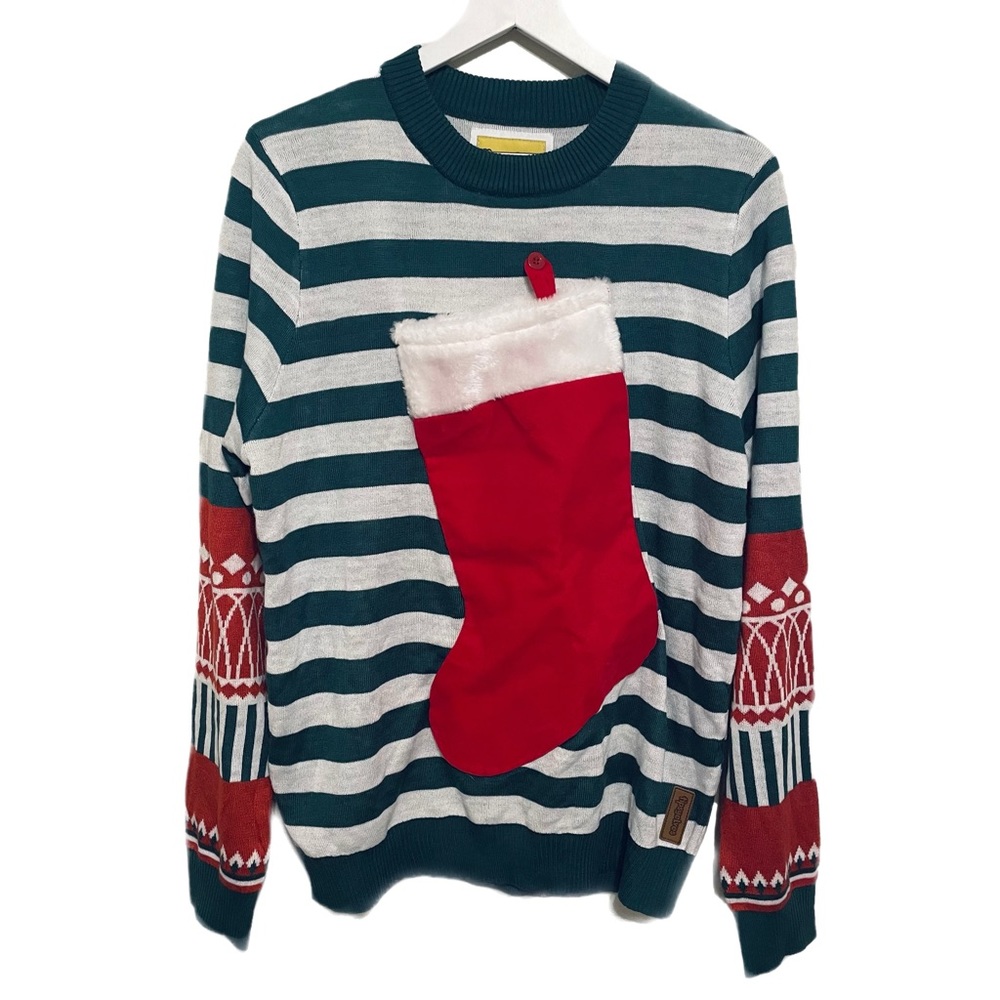 Tipsy Elves Men’s Large Stocking Sweater Green White Ugly Christmas Stripes New
